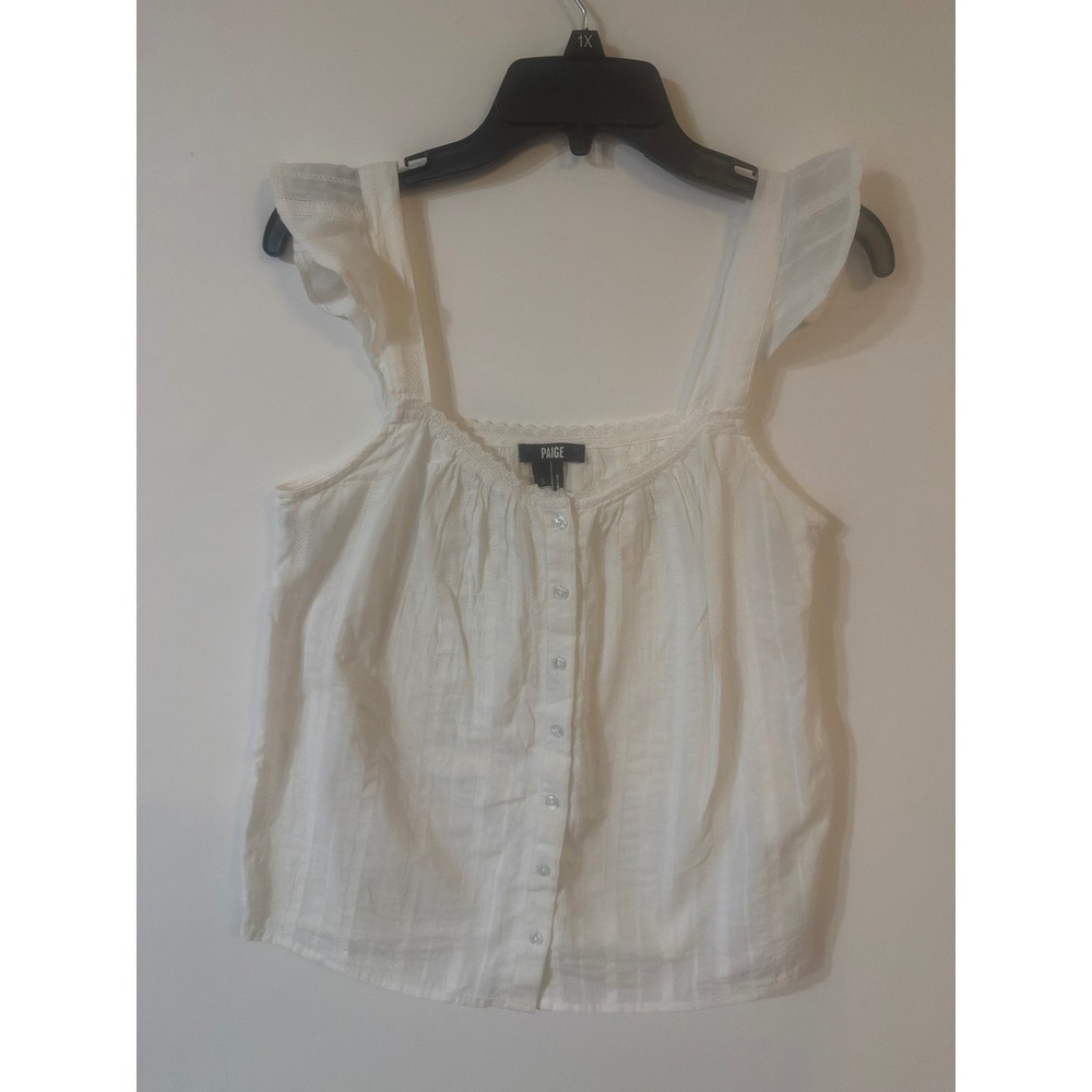 PAIGE White Cotton Dobby Stripe Ruffle Strap Button Front Tank Top Small